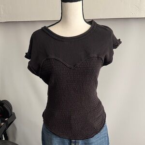 We The Free Black Smocked Short Sleeve Top